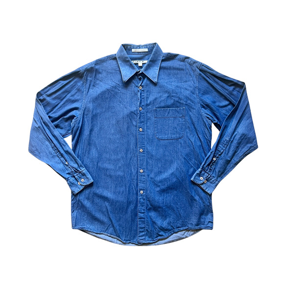 Vtg 90s Perry Ellis Mens Denim Button-down Shirt Light-weight Classic Minimalist - Picture 1 of 8